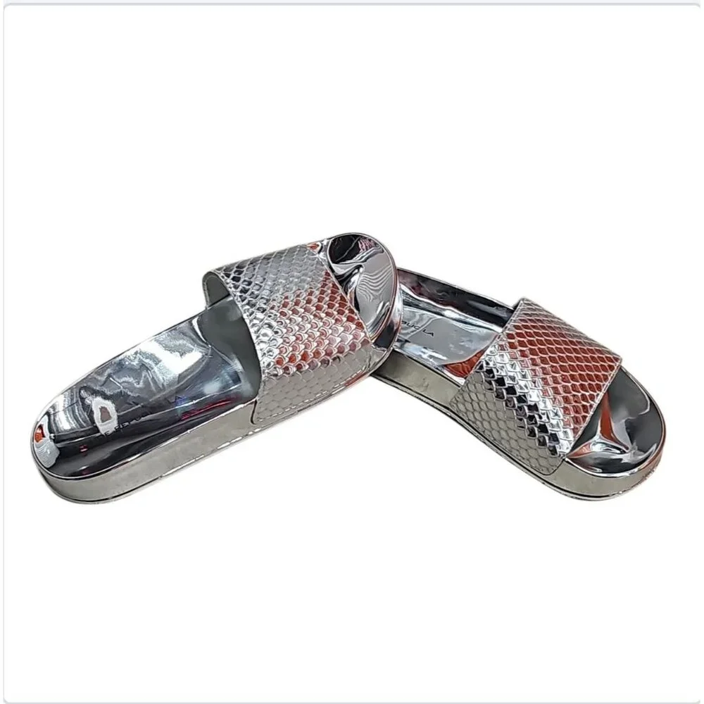 Metallic Silver Open-Toe Slide Sandals With Textured Upper & Clear Rubber Soles